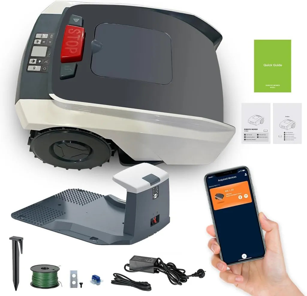 Cortacésped Robótico para Jardines 1000 m², Control por App, Batería 4,4 Ah, Estación de Carga Incluida, Ancho de Corte 19 cm, Altura Ajustable 20-55 mm, Inclinación Máxima 33%