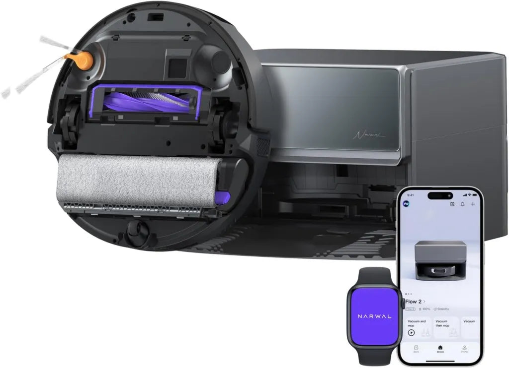 Aspiradora Robot NARWAL Flow 2, Estación Compacta Todo en Uno, Rodillo Lavador Largo, Lavado a 60°C, Succión de 31000 Pa, Tecnología CarpetFocus™