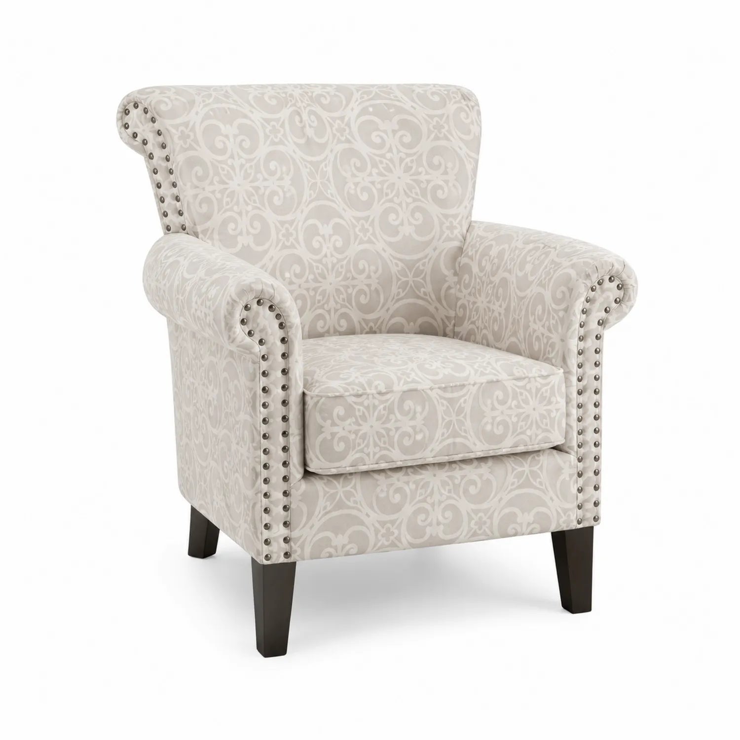 Sillón tapizado de tela beige con diseño decorativo