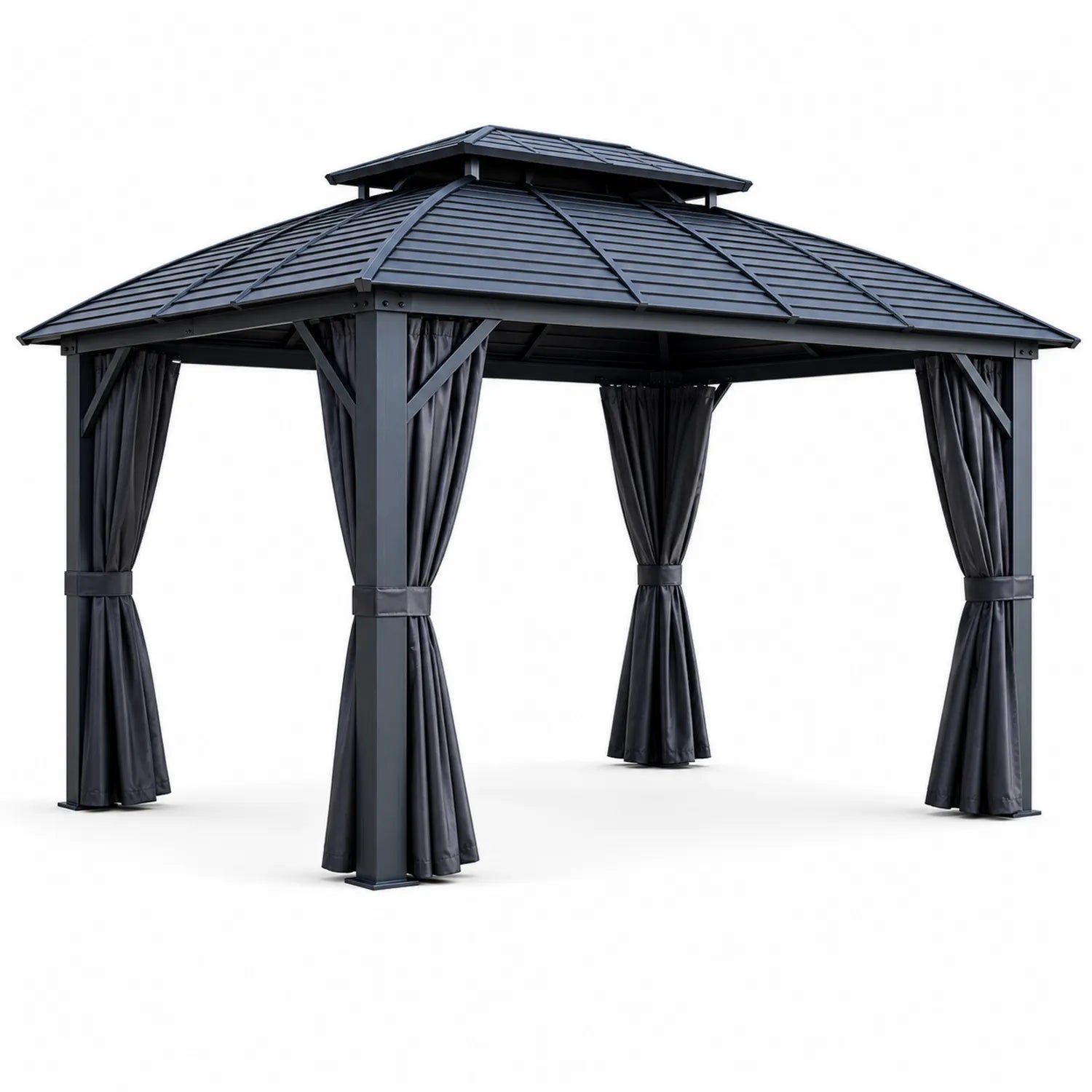 Pérgola de Aluminio con Techo de Acero Galvanizado y Cortinas de Poliéster