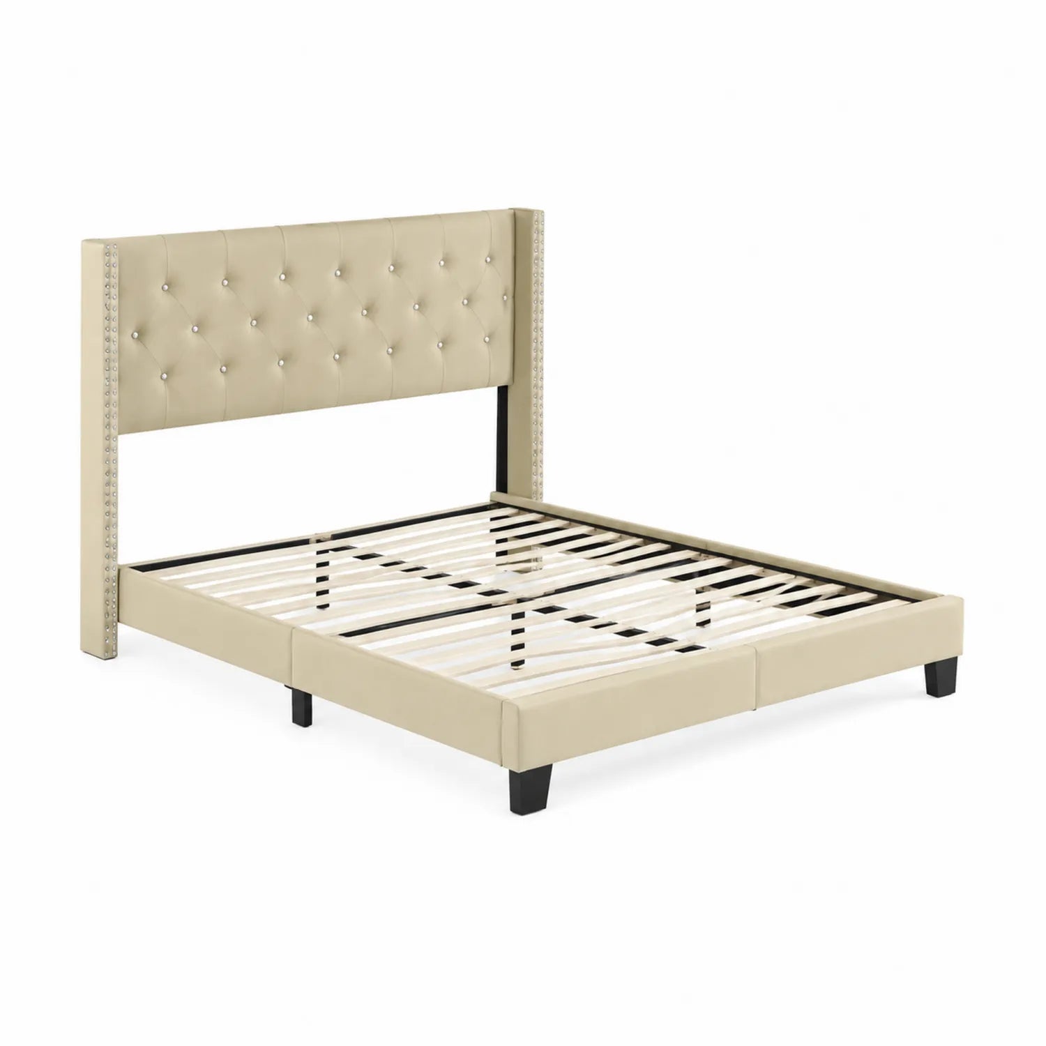 Cama de matrimonio de PU con cabecero tapizado Beige