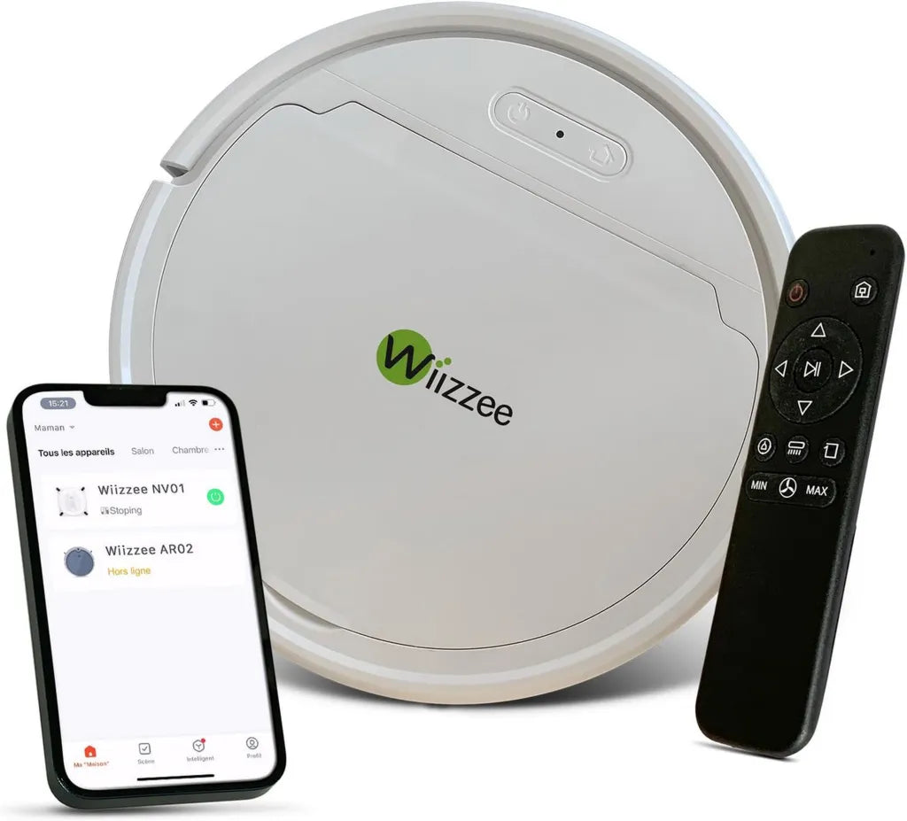 Wiizzee Robot Aspirador AR02, Ultra Delgado y Silencioso, WiFi con App Tuya, 5 Modos de Limpieza, Autocarga, 90 min de Autonomía, Compatible con Suelos Lisos, Navegación Giroscópica