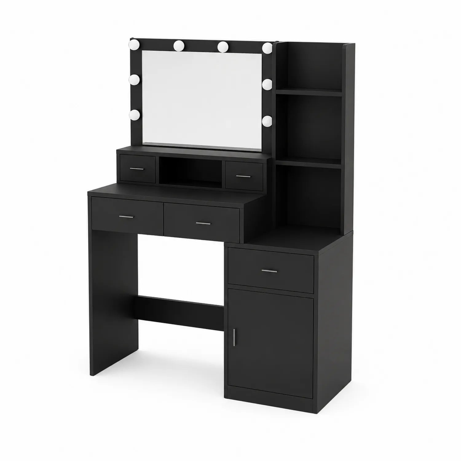 Tocador MDF con espejo iluminado y estanterías Negro