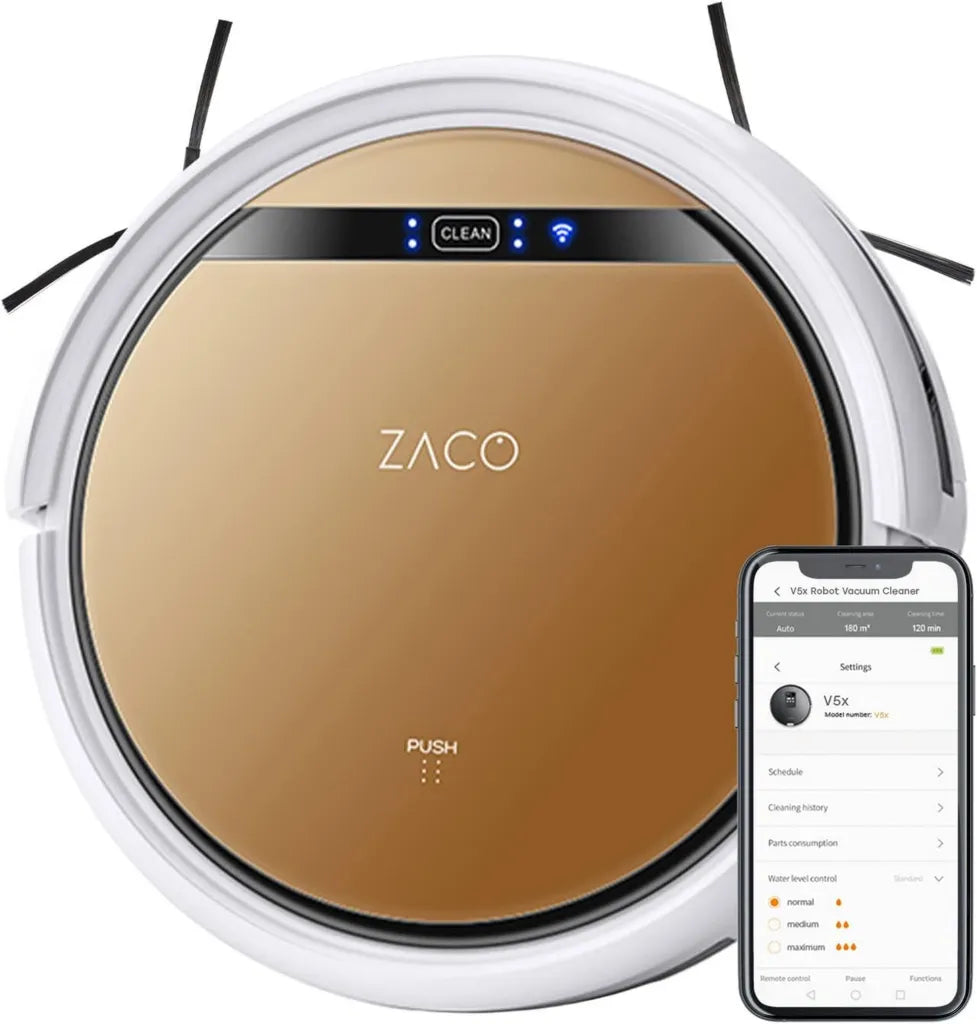 Robot Aspirador ZACO V5x 2en1, Control WiFi y App, Compatible con Alexa y Google, Ideal para Suelos Duros y Alfombras, Perfecto para Mascotas