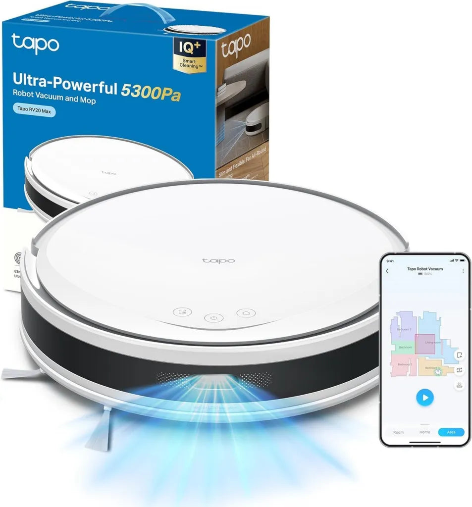 Robot Aspirador Tapo RV20 MAX Blanco, 4 en 1, 5300Pa con Navegación LiDAR, Diseño Ultrafino de 83 mm, Compatible con Alexa y Google