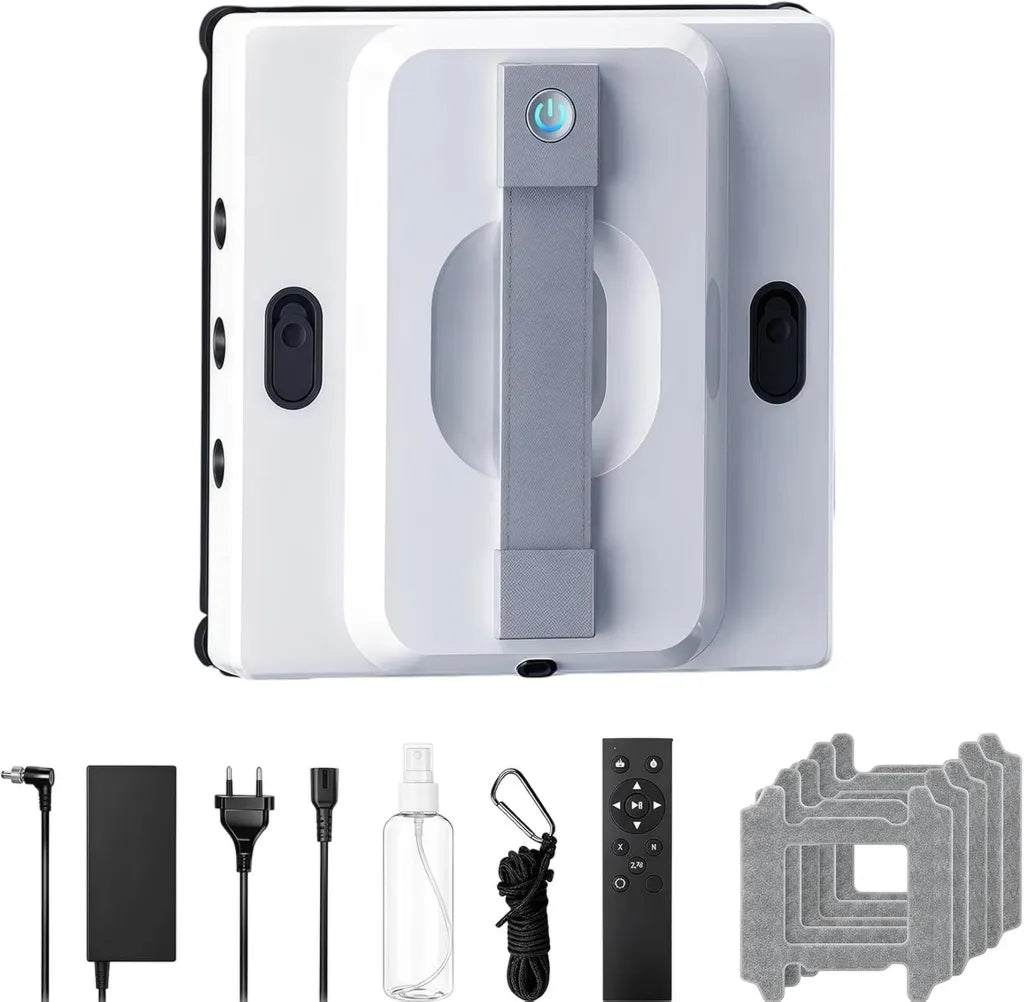 Robot Limpiacristales Inteligente con Control Remoto, 9000 Pa, Seis Modos, Tanque de 100ML, Nebulización y Detección de Bordes