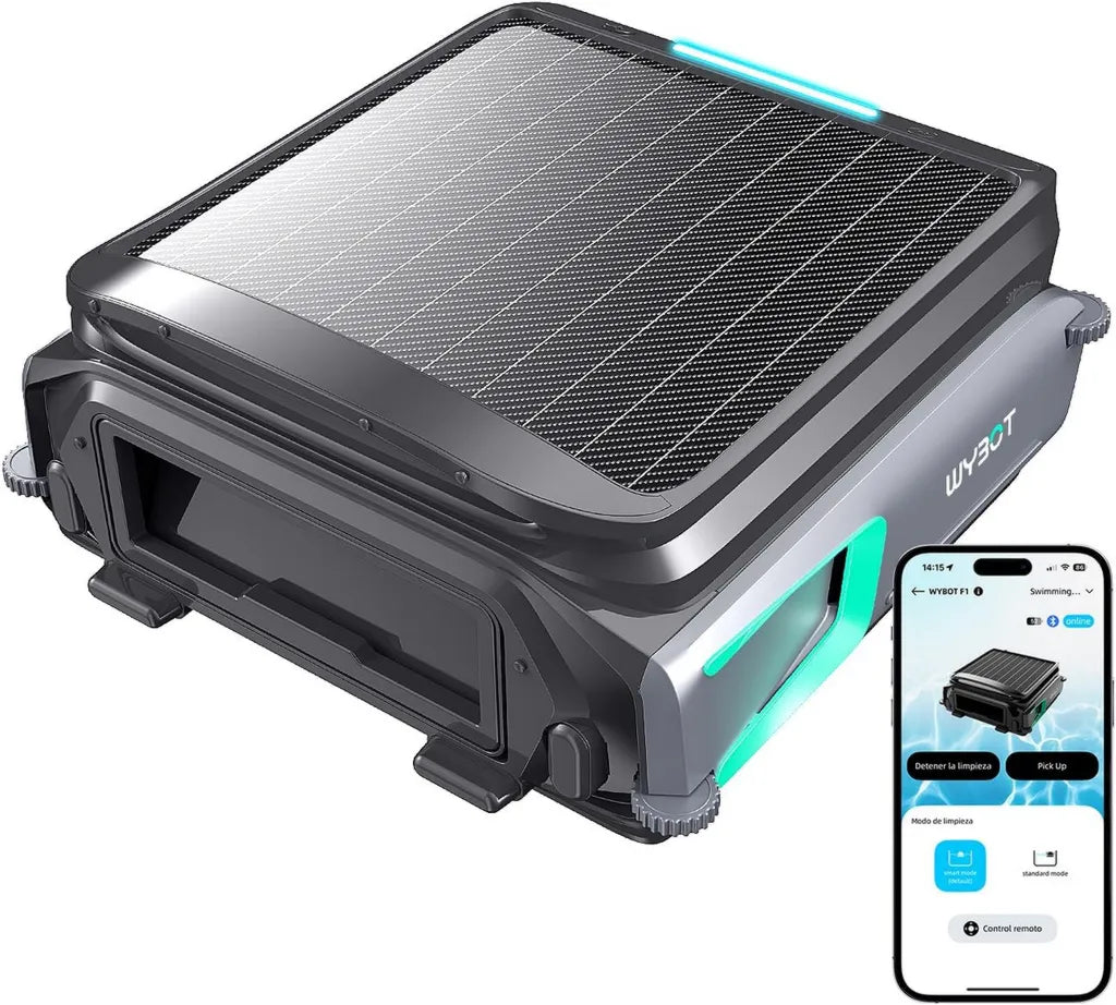 Skimmer Solar WYBOT F1 para Piscinas, Limpieza Automática con App Inteligente, 24 Horas de Funcionamiento, Sin Cables, Verde Oliva