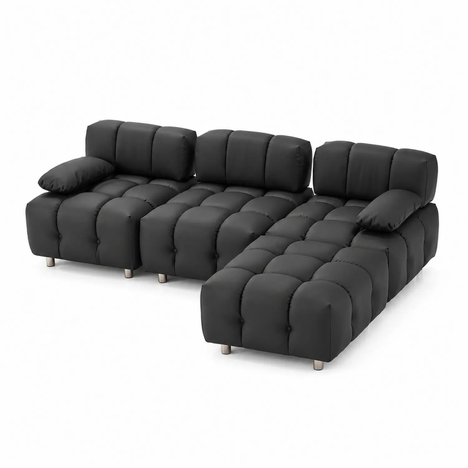 Sofá modular chaise longue de tela negra con cojines